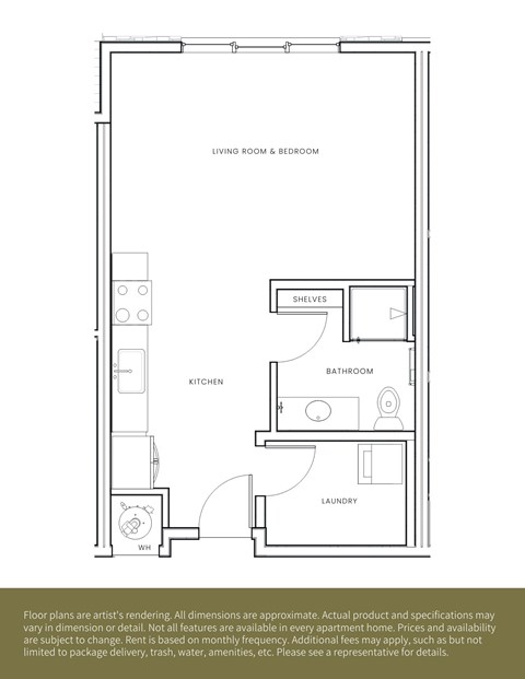 Floor plan for studio, 1 bath, 513 sqft